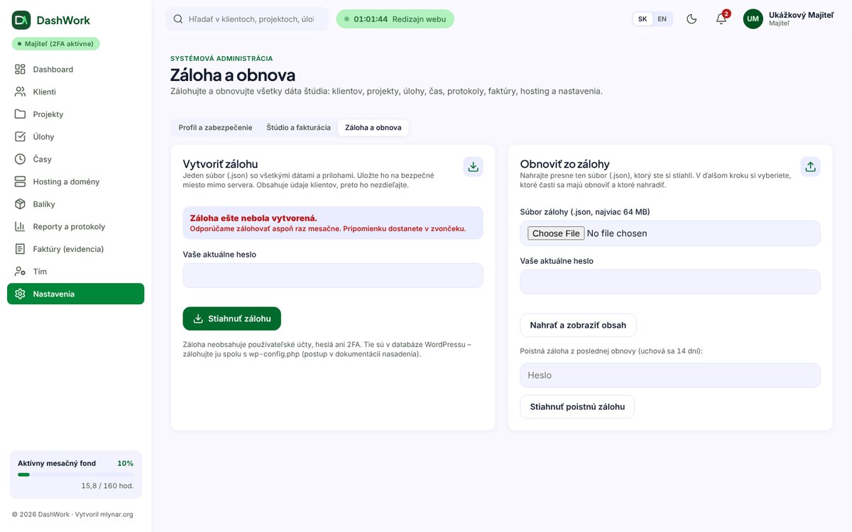 Backup and restore in DashWork